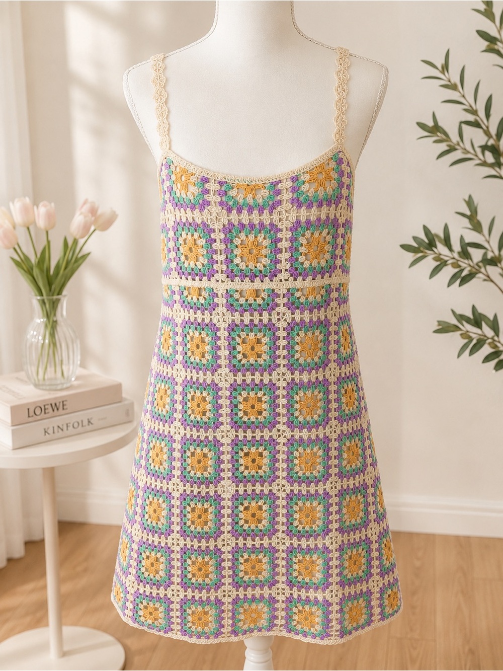 Zara Crochet Granny Square Knit Slip Dress Size L Colorful Boho Midi